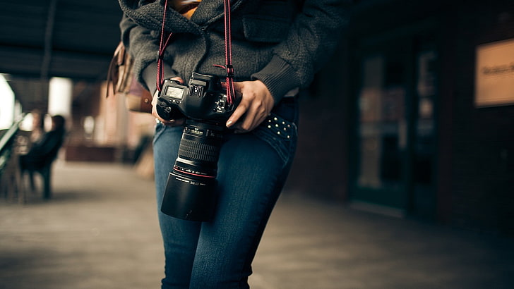 photographer, model, camera, one person, focus on foreground