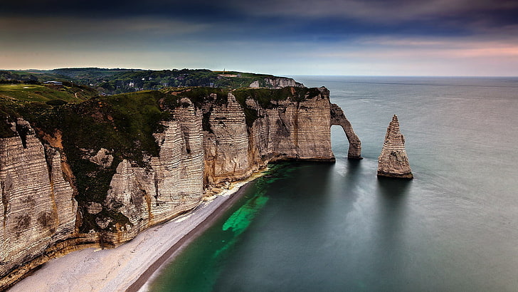 beach, cliff, clouds, Étretat, France, house, landscape, nature, HD wallpaper