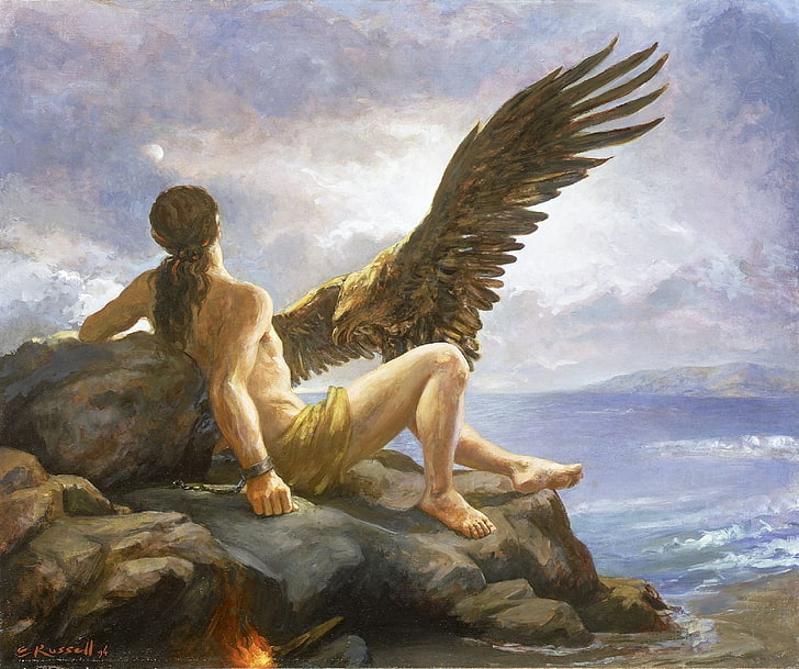 painting, Prometheus (mythology), eagle, fire, beach, birds