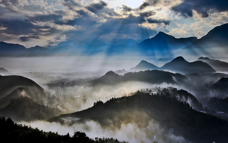 sun rays, mist, valley, Taiwan, mountains, clouds, nature, landscape, HD wallpaper