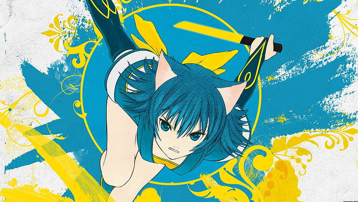 girl with blue hair and blue dress digital wallpaper, cat girl