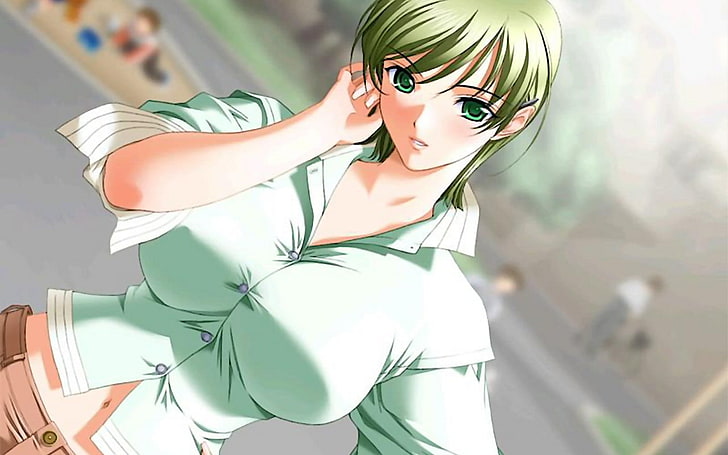 female anime character holding her neck illustration, hentai, HD wallpaper