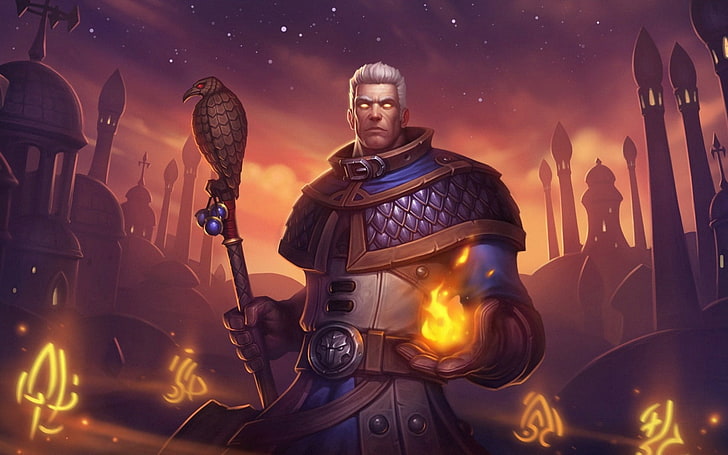 male character wearing purple and brown armor digital wallpaper