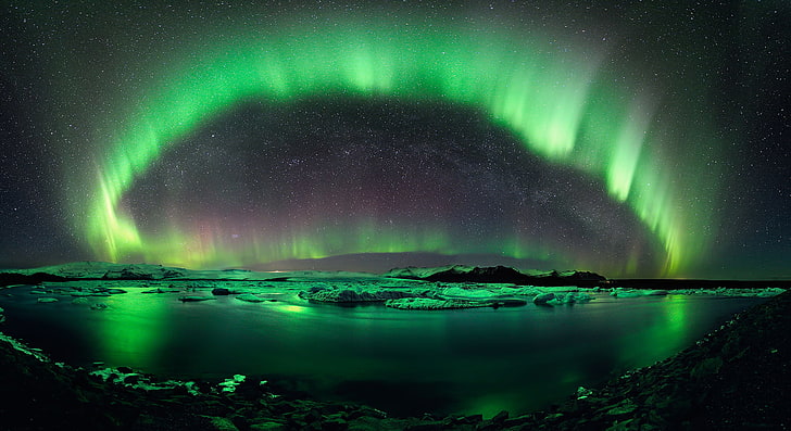 aurora boriales, ice, the sky, stars, lake, reflection, lights, HD wallpaper