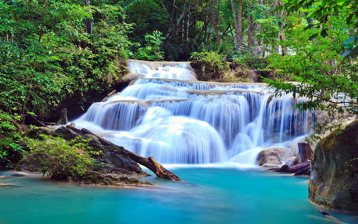 Waterfalls, Forest, Green, Kanchanaburi Falls, Nature, Thailand, HD wallpaper