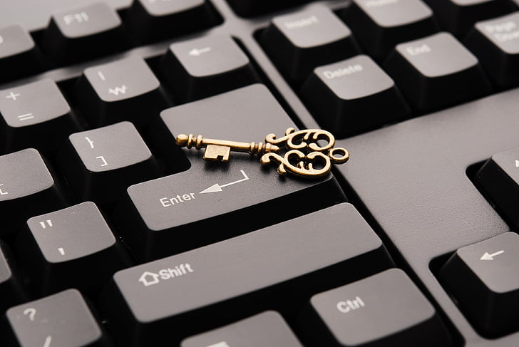 gold-colored skeleton key, keyboard, enter, success, plan, computer, HD wallpaper