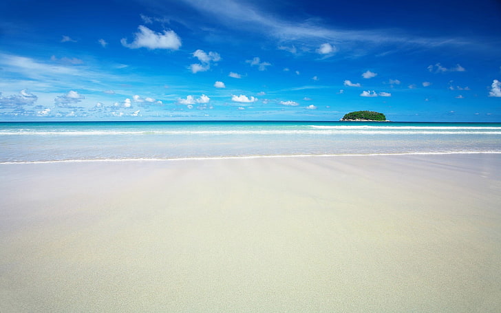 beach, sea, tropical, sand, island, sky, water, horizon over water, HD wallpaper