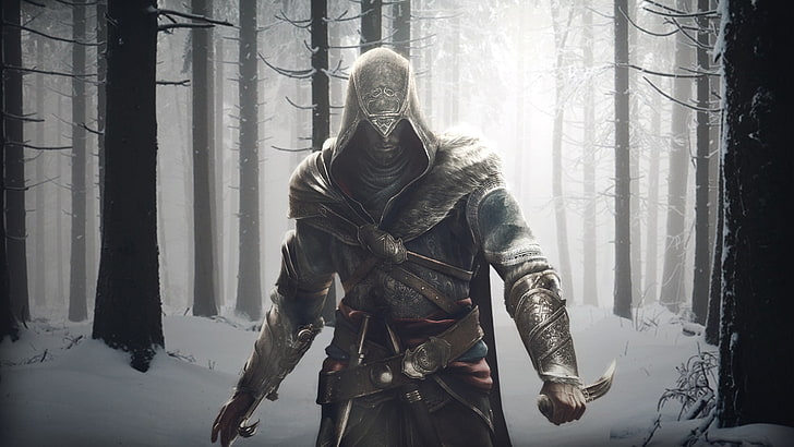 Assassin's Creed digital wallpaper, snow, hidden blades, Ezio Auditore da Firenze