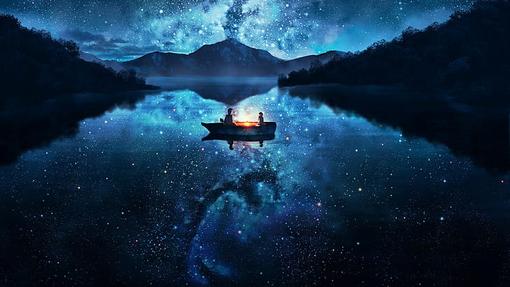 night, dark, stars, forest, lake, blue smoke, space, lamp, mountains