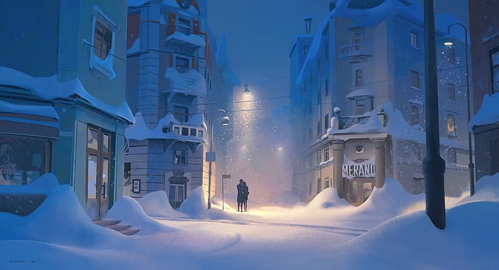 Tuomas Korpi, artwork, ArtStation, city, night, snow, cold, HD wallpaper