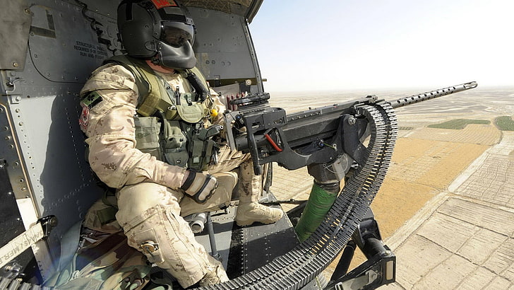 black machine gun, army, helicopters, weapon, vehicle, soldier