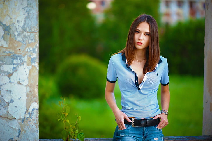 women's blue polo shirt, Catherine Timokhina, model, young adult
