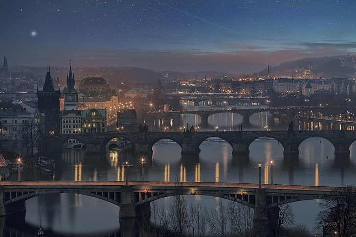gray concrete bridges, city, Prague, Czech Republic, Charles Bridge