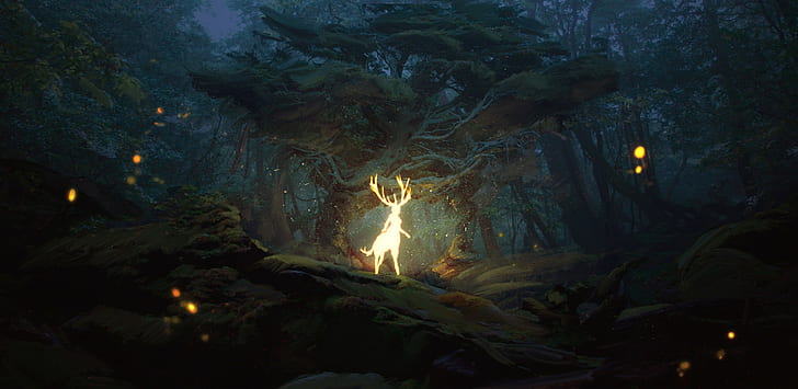 digital art, landscape, forest, deer, fantasy art, silhouette, HD wallpaper