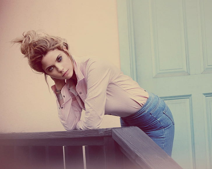 Ashley Benson, Women, Blonde, Actress, Celebrity, women's white button up collared long sleeve shirt with blue denim jeans outfit, HD wallpaper