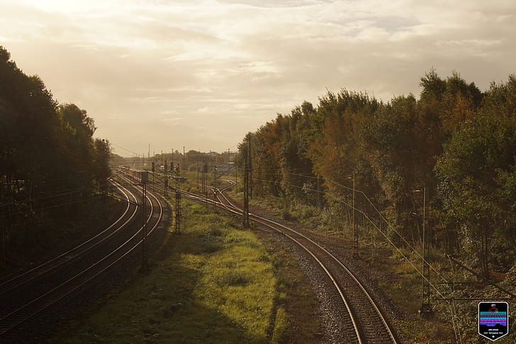 landscape, rail yard, railway, watermarked, tree, sky, track, HD wallpaper