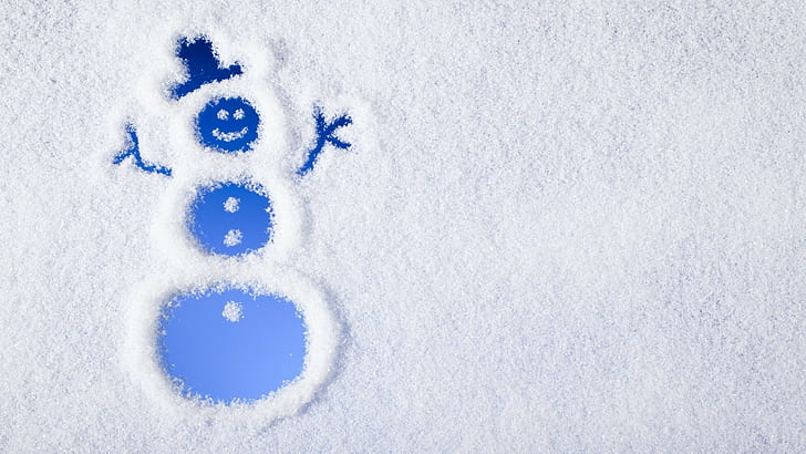 winter, snow, snowman, snowmen, top hats, smiling, blue background, HD wallpaper