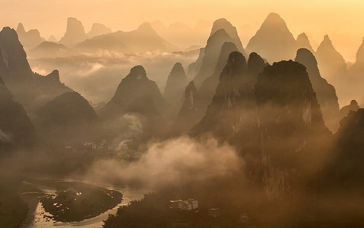 nature, landscape, photography, mountains, river, mist, morning
