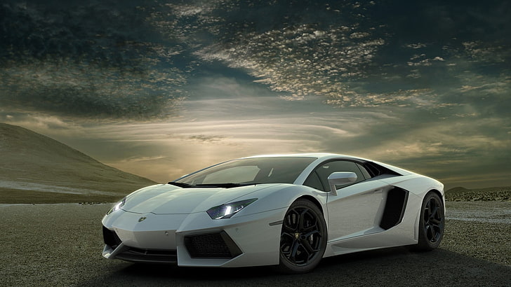 white Lamborghini Gallardo, Lamborghini Aventador, clouds, desert, HD wallpaper