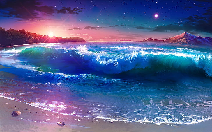 Sunset Darkening Sandy Beach Sea Waves Mountains Tropical Forest Palm Trees Sky Clouds Evening Landscape Fantasy Art Desktop Hd Wallpaper 3840×2400, HD wallpaper