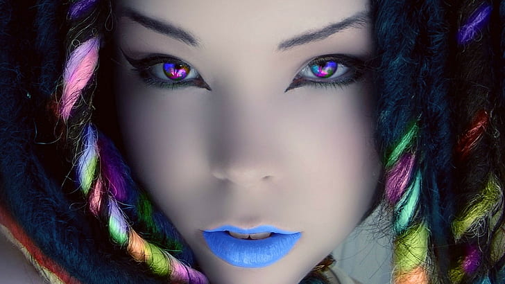 colorful, dyed hair, digital art, Suzy Berhow, eyes, face, women, HD wallpaper