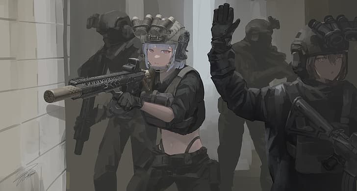 anime girls, anime girls with guns, special forces, night vision goggles