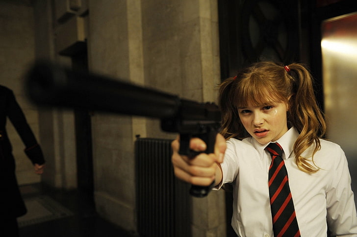 black semi-automatic pistol, gun, tie, Chloë Grace Moretz, hit girl, HD wallpaper