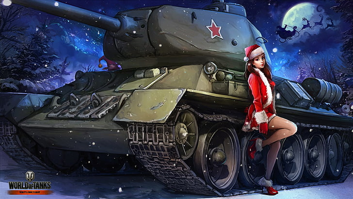 World of Tanks digital wallpaper, winter, girl, snow, night, the moon, HD wallpaper