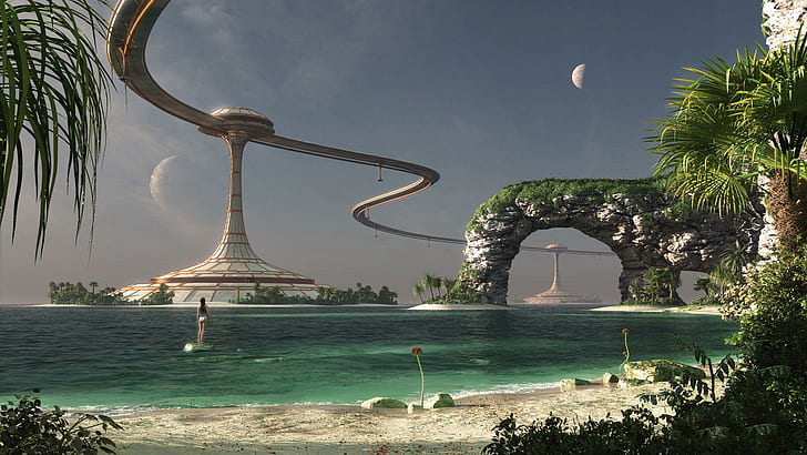 Sci-fi rail above the sea, brown and white spiral bridge, fantasy