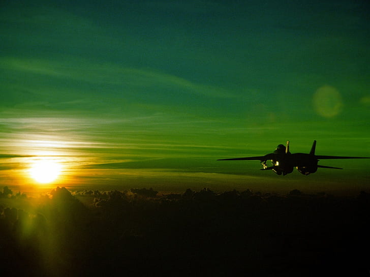 grumman f 14 tomcat sunset green jet aircraft, sky, silhouette, HD wallpaper