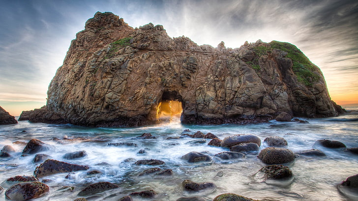 brown rock formation, nature, waves, HDR, stones, solid, rock - object
