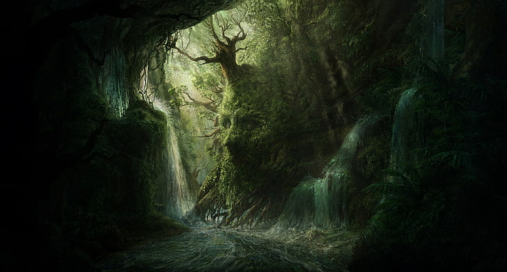 green and brown cave, artwork, digital art, forest, dark, trees