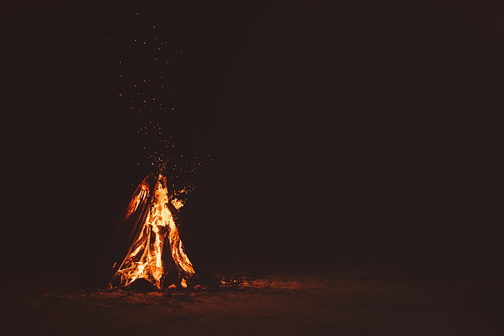 lighted bonfire, wood, burning, night, fire - natural phenomenon, HD wallpaper