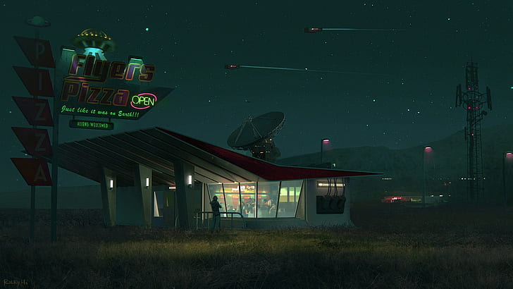 digital art, house, science fiction, pizza, spaceship, neon text, satellite, green and red flyers pizza signage