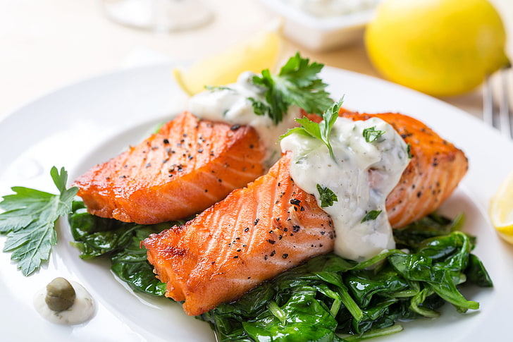 stirred-fry salmon on green vegetable, greens, food, fish, sauce, HD wallpaper