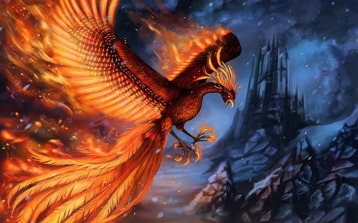 Fantasy Animals, Phoenix, Bird, Feather, Fire