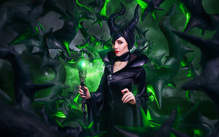 Angelina Jolie Maleficent Wallpapers black witch with horns magic wand green Background HD 5200×3250