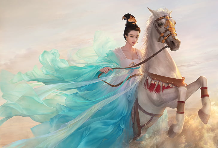 woman with white and blue dress riding white horse digital wallapper