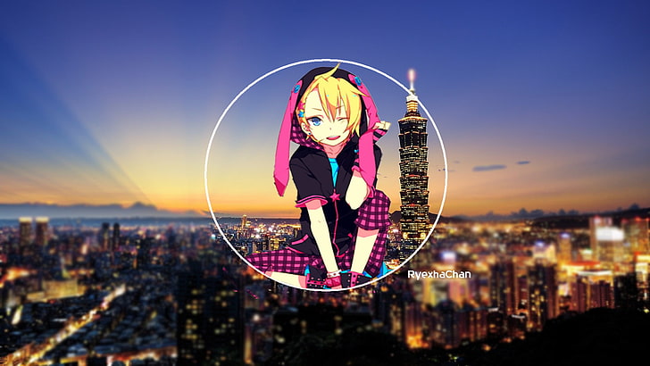 anime girls, cityscape, sky, lights, building exterior, one person