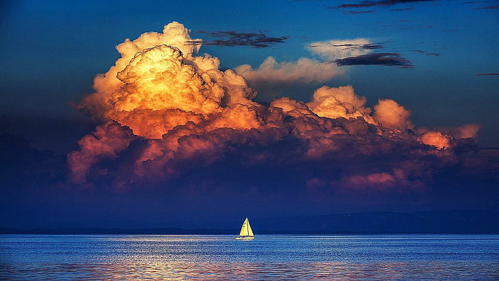 sky, horizon, nature, sea, cloud, calm, water, ocean, sailboat