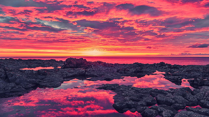 horizon, sea, nature, landscape, sunset, reflection, clouds, HD wallpaper