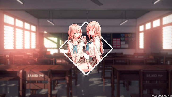 anime, anime girls, picture-in-picture, school, school uniform, HD wallpaper