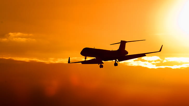 airplane, silhouette, sunset, sky, orange, Gulfstream G-550, HD wallpaper