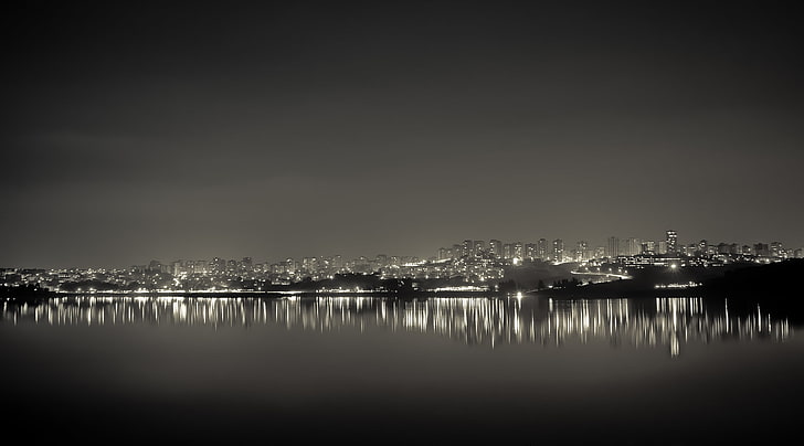 Adana City Reflection, Black and White, Lights, Night, River, HD wallpaper