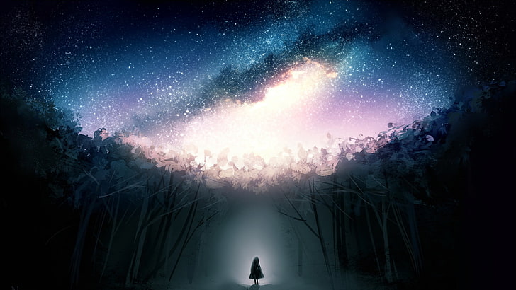 person between trees artwor k, stars, forest, night, silhouette