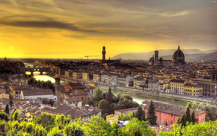 cityscape, building, river, bridge, sunset, Florence, arno (river)