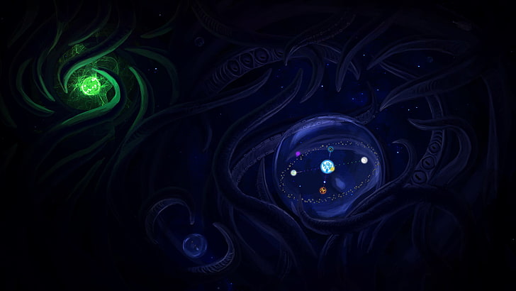 black and blue car steering wheel, space, tentacles, planet, night