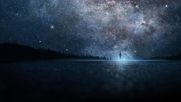 person running under milky way, person walking under starry night, HD wallpaper