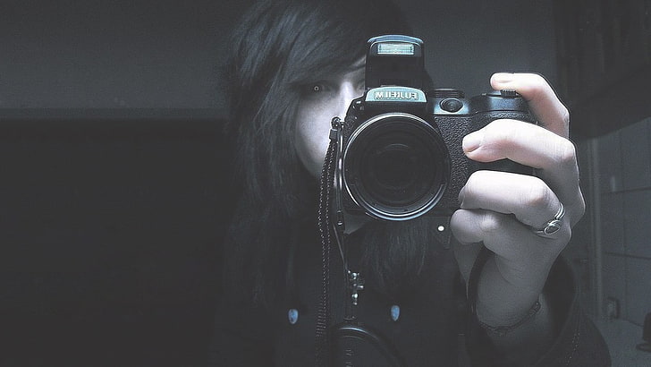 black hair, monochrome, photographer, camera, women, self shot, HD wallpaper