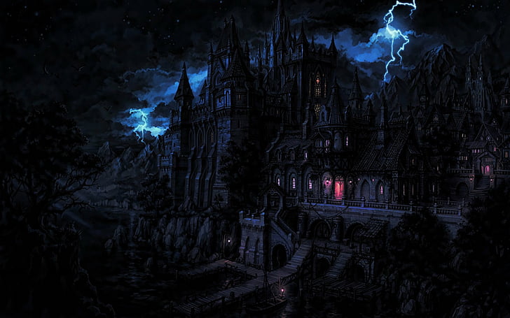 Castles, Dark, Dracula's castle, Fantasy, Lightning